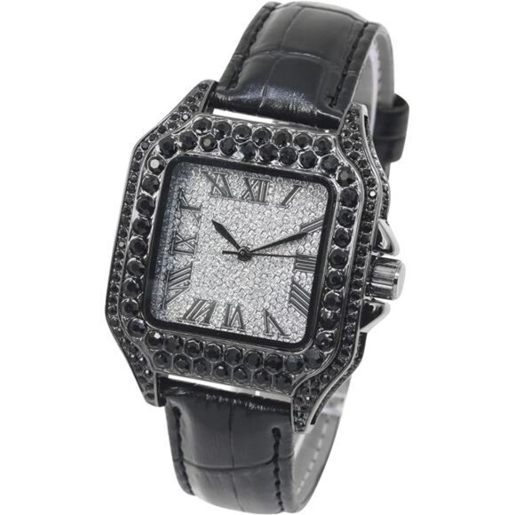 NEW Iced Out Black Leather Watch - Picture 3 of 5